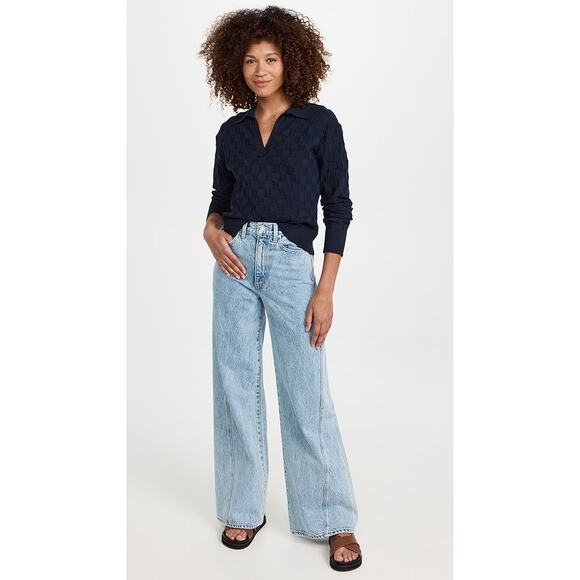 Monrow Navy Checkered Polo Sweater S NWOT - Picture 3 of 10